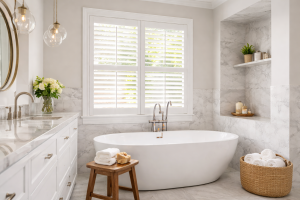 Modern bathroom with freestanding bathtub